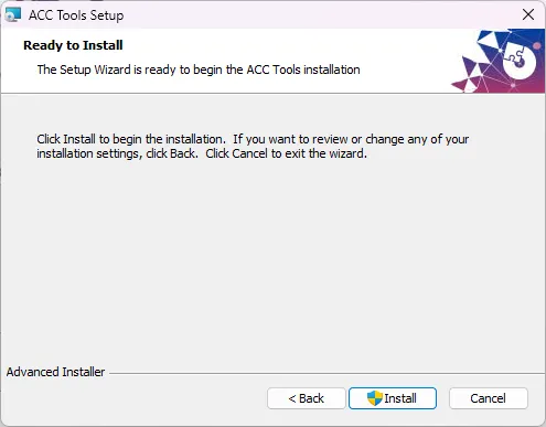 Ready to Install page of ACC Tools installer wizard