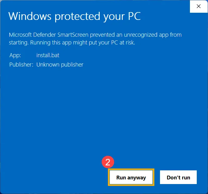 Windows protection dialog with Run Anyway button exposed